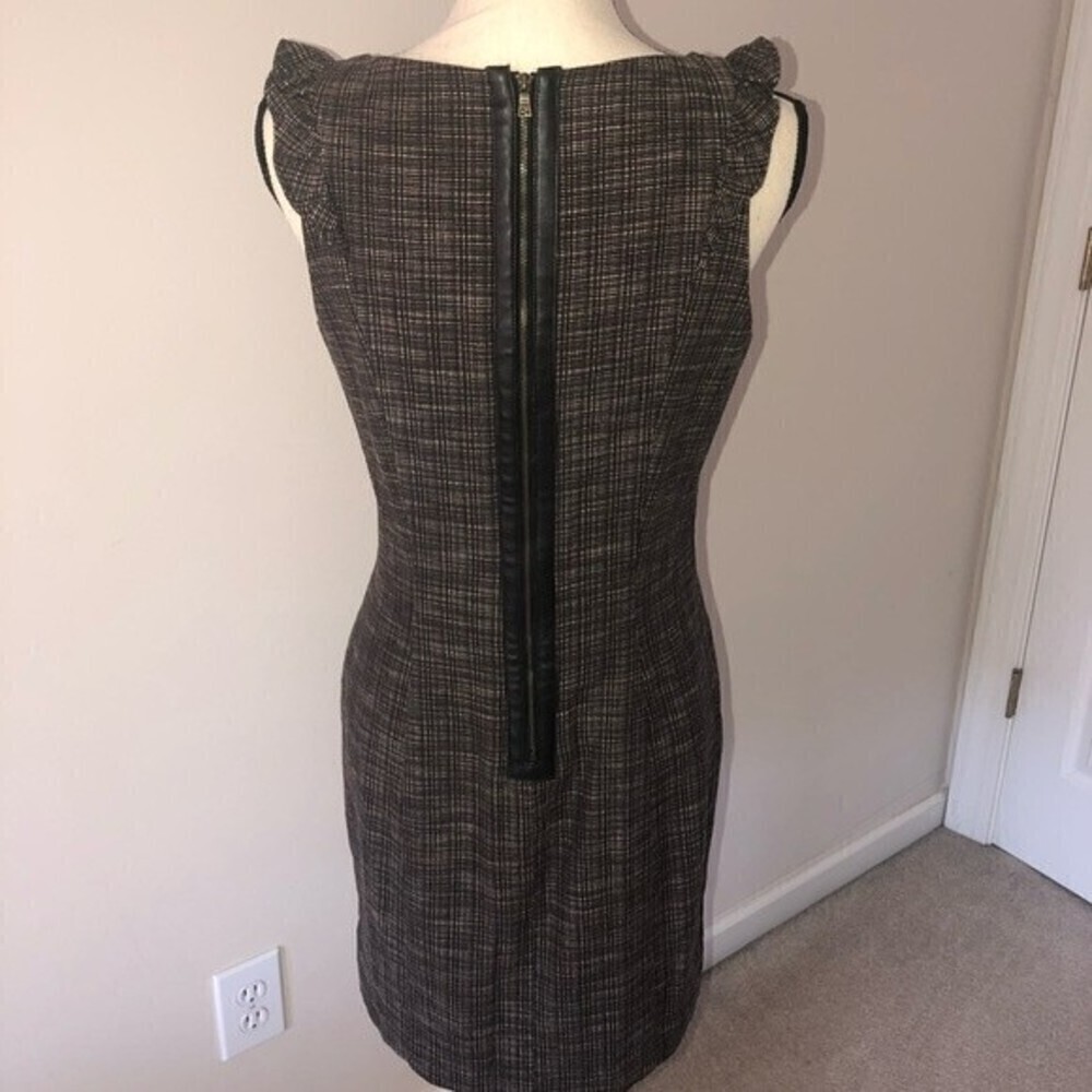 Cynthia Steffe Brown Deep V Ruffle Dress Size 6 Leather Trim Zipper Sleeveless - Picture 8 of 8
